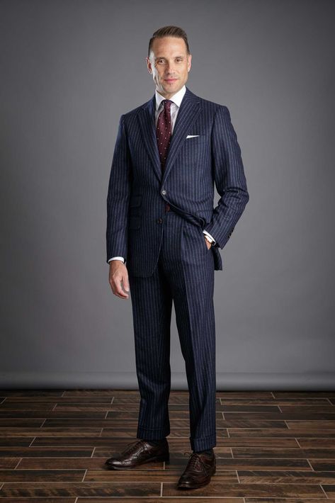 Chalk Stripe vs. Pinstripe: What's The Difference? Navy Suit Combinations, Suit Combinations Men, Lawyer Man, Mens Pinstripe Suit, Male Lawyer, Blue Striped Suit, Flannel Outfits Men, He Spoke Style, Blue Pinstripe Suit