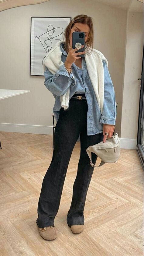 Lazy Blazer Outfit, Denim In Winter, How To Style Celine Belt, Clog Outfits Winter, Celine Sweater Outfit, Denim Winter Dress, Winter Outfit Sweater, Sweater And Belt Outfit, Denim Clogs Outfit