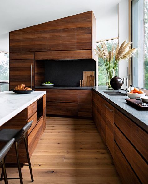 walnut kitchen • Instagram Wood Modern Kitchen Cabinets, Mid Japandi, Pacific Northwest Kitchen, Colorful Cabin, Modern Walnut Kitchen, Soapstone Kitchen, Walnut Kitchen Cabinets, Modern Beach Home, Modern Wood Kitchen