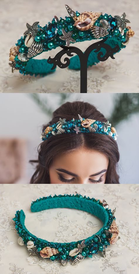 Obličejové Masky, Beaded Headbands, Sell Ideas, Mermaid Crafts, Wedding Halloween, Headband Jewelry, Turquoise And Gold, Jeweled Headband, Ordinary Day