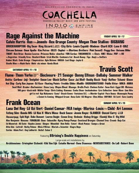 #Coachella announces its 2020 lineup w/ headliners Rage Against The Machine, Travis Scott, Frank Ocean, and more. Coachella Poster, Coachella Lineup, Coachella 2020, Martinez Brothers, Coachella 2022, Kyary Pamyu Pamyu, Denzel Curry, Run The Jewels, Major Lazer