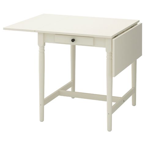 INGATORP Drop-leaf table, white. It’s perfect for a smaller kitchen or as an accent in a larger room. You can go three ways – no leaves, one leaf, or two. Ikea Ingatorp, Norden Gateleg Table, Craft Table Ikea, Ivar Regal, Cottage Lounge, Diy Sewing Table, Table Ikea, Ikea Table, Small Kitchen Island