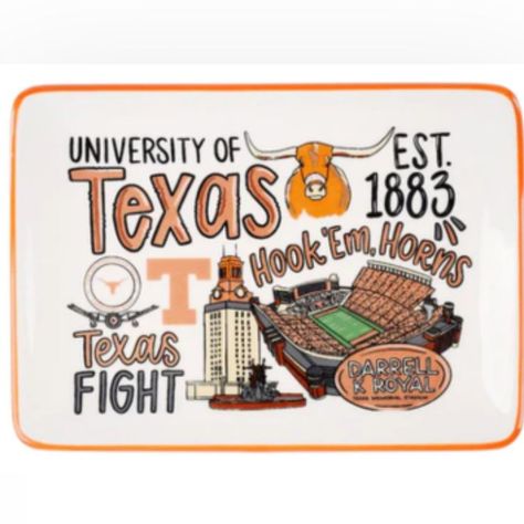 Go Horns! Show off all of Texas' iconic landmarks with this trinket tray! From Darrell K Royal Stadium to the Texas Tower, this tray is perfect for your keys or jewelry and would be perfect for a dorm room! Original Design Dimensions: 8" x 5" Hand wash only. Sorority Tailgate Decorations, Texas Ou Cooler, Texas Illustration, Sorority Signs, Dorm Canvas Art, Dorm Canvas, College Canvas Art, College Collage, Texas Icons