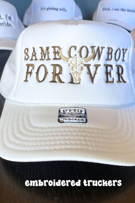 Western Bachelorette Trucker Hats Same Cowboy Forever Nashville Bach Party Embroidered Bride Hats Bridal Shower Gift Wife Truckers Wifey - Etsy Diy Bride Cowboy Hat, The Hunt Is Over Bachelorette Party, Same Cowboy Forever Bachelorette Party, Christmas Western Wedding, Bachelorette Hats Trucker, Same Cowboy Forever, Wyoming Bachelorette Party, Bach Trip Ideas, Yellowstone Bachelorette Party