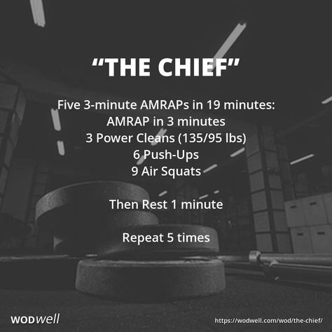 "The Chief" WOD - Five 3-minute AMRAPs in 19 minutes: AMRAP in 3 minutes; 3 Power Cleans (135/95 lbs); 6 Push-Ups; 9 Air Squats; Then Rest 1 minute; Repeat 5 times Power Clean Workout, Wods Crossfit, Crossfit Workouts Wod, Crossfit Workouts At Home, Fighter Workout, Amrap Workout, Wod Workout, Barbell Workout, Air Squats