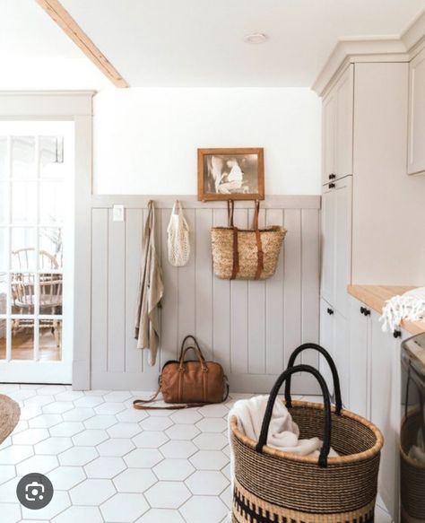 Mudroom With Wainscotting, Hexagon Tile Mudroom, Vertical Wainscoting, Mudroom Wainscoting, Tile Mudroom, Grey Laundry, Entryway Rack, Hexagon Tile, Farmhouse Laundry