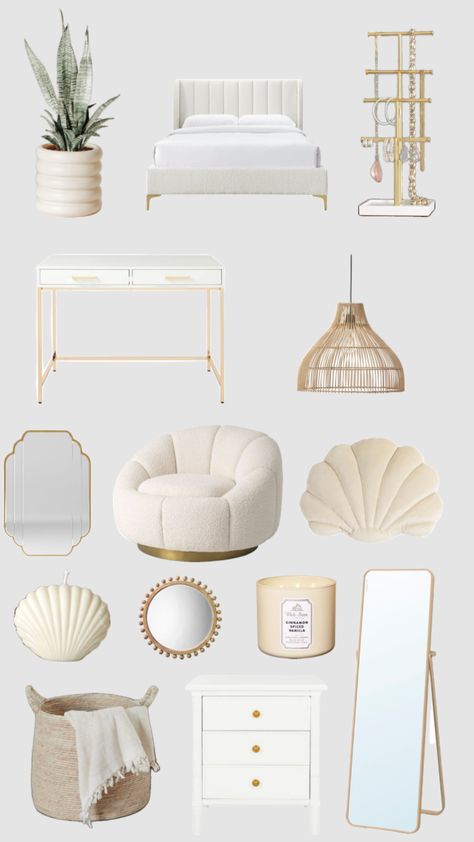 vanilla girl room decor Cozy Aesthetic Bedroom Decor, White And Gold Room, Room Shuffles, Vanilla Girl Room, Clean Girl Room, Vanilla Room, Room Wishlist, Beach Room Decor, Preppy Decor