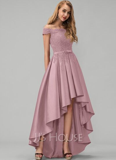 Special Dresses Fashion, Dress With Bow In The Back, Knee Length Prom Dress, High Low Dresses, Stylish Prom Dress, Satin Gowns, Lace Beading, High Low Prom Dresses, Special Dress