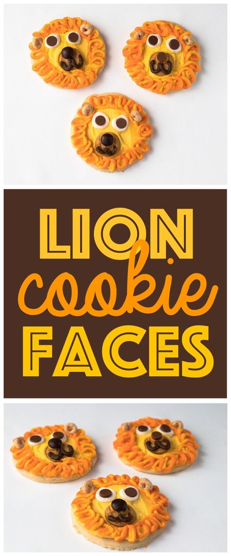 Lion Face Cookies - Easy Animal Face Kid Food Snack Idea - Six Clever Sisters Lion Themed Snacks, Lion Birthday Party Ideas Decoration, Jungle Snacks, Rainforest Party, Jungle Food, Face Cookies, Vbs Snacks, Safari Crafts, Jungle Crafts