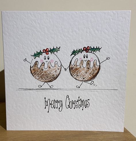 Hand illustrated Individually drawn cute Xmas pudding Christmas card. Christmas pudding couple.  An original piece of artwork hand drawn to order.  Approx card size 145mm square. Hammer white high quality card 260gsm. With white high quality envelope.  If you require personalisation with a name/s please add details in 'add note' at the time of ordering. Diy Watercolor Cards, Christmas Cards Drawing, Xmas Pudding, Painted Christmas Cards, Cute Christmas Cards, Stamped Christmas Cards, Christmas Card Art, Homemade Christmas Cards, Watercolor Christmas Cards