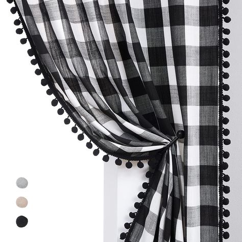 PRICES MAY VARY. POM POM BUFFALO CHECK CURTAINS: Classic and elegant buffalo check design curtains, with a trendy matching pom pom border along each vertical side of the panels, add a fun texture and bold pop of style to any space and fit well for modern, classical, antique, vintage, contemporary, trendy home decor. These woven semi sheer curtains provide an easy way to add color and style for a laidback comfort look. SEMI-SHEER CURTAINS: 40" w x54" /panel, 80" w x54" /pair, Come in 2 panels. bl Buffalo Plaid Curtains, Pom Pom Curtains, Buffalo Check Curtains, Check Curtains, Window Curtains Bedroom, Plaid Curtains, Living Room Drapes, Retro Farmhouse, Country Curtains