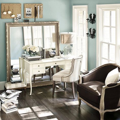 Large mirror behind a desk Mirror Behind Desk, Blue Home Offices, Feminine Home, Cool Home Office, Feminine Home Offices, Cool Office Space, Desk And Chair, Mirror On The Wall, Small Room Design