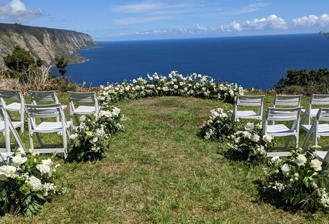 Half Circle Ceremony Flowers, Kourtney Wedding, Wedding Structures, Waipio Valley, Bridal Era, White Wedding Decor, Hawaii Big Island, Small Weddings Ceremony, Small Weddings