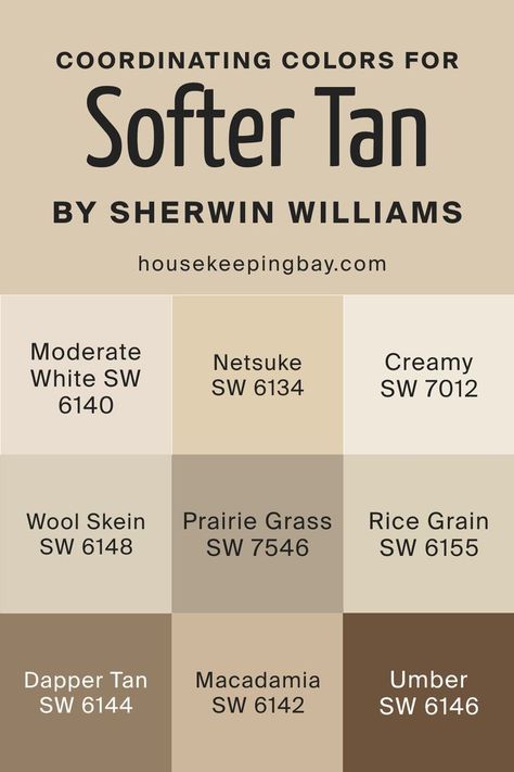 Softer Tan SW 6141  Coordinating Colors by Sherwin-Williams Kitchen Cabinets Painted Sherwin Williams Creamy, Sherwin Williams Oatmeal Color, Macadamia Paint Sherwin Williams, Nutmeg Paint Color, Sherwin Williams Tan Colors, Sherwin Williams Warm Neutrals, Tan Color Palette, Tan Paint Colors, Cream Paint Colors