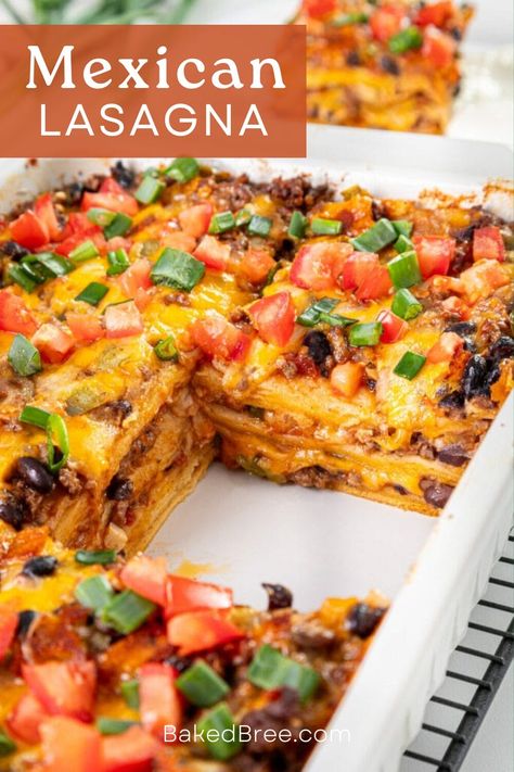 Give an Italian classic a Mexican mix with this Mexican Lasagna—layers of corn tortilla play host to ground beef, green chilis, black beans, and so much more. Madi Nelson Mexican Lasagna, Italian Recipes Ground Beef, Mexican Tortilla Lasagna, Enchilada Lasagna With Tortillas, Unique Casserole Recipes, Taco Lasagna Recipe Tortilla, Corn Tortilla Enchiladas, Mexican Dishes Easy, Taco Lasagna With Tortillas