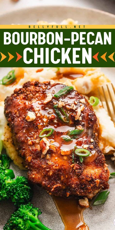 Featuring pecan-crusted chicken breasts topped with an irresistible sweet and savory brown sugar bourbon sauce, this Bourbon Pecan Chicken is tender and juicy on the inside and crunchy on the outside. It’s the perfect balance of flavor and texture that will have you begging for more! Bourbon Pecan Chicken, Pecan Crusted Chicken Breast, Pecan Crusted Chicken, Crusted Chicken Breast, Crusted Chicken Recipes, Bourbon Sauce, Chicken Crockpot Recipes Easy, Pecan Chicken, Bourbon Chicken