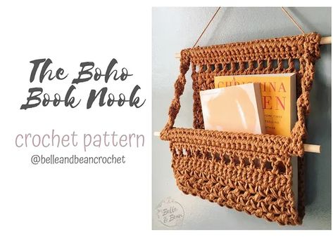 Boho Book Nook - The Boho Book Nook is a hanging basket perfect for a couple of books, magazines, keys, or whatever you need! Finished size on dowel rod is approx. 12 inches wide and 11 inches long. Paid pattern. Boho Book Nook, Crochet Wall Hanging Pattern, Macrame Hangers, Crochet Jellyfish, Crochet Wall Hanging, Wall Hanging Pattern, Pattern Rainbow, Confection Au Crochet, Crochet Wall Hangings