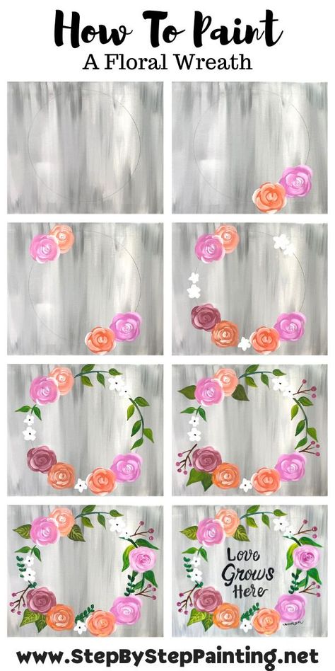 Acrylic Painting Ideas Easy, Wreath Painting, Painting Ideas Easy Simple, Easy Acrylic Painting Ideas, Painting Ideas Easy, Painting Flowers Tutorial, Acrylic Painting Ideas, Easy Acrylic Painting, Canvas Painting Tutorials