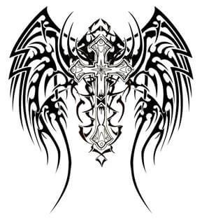 Tribal Tattoo Design - see more designs on https://thebodyisacanvas.com Dishonored Tattoo, Cross With Wings Tattoo, Stammestattoo Designs, Tato Salib, Cross With Wings, Tato Naga, Celtic Cross Tattoos, Bulldog Tattoo, Boat Decals