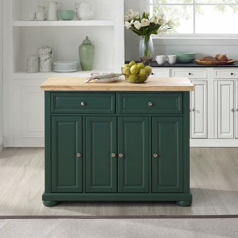 Three Posts™ Antonella 42'' Wide Rolling Kitchen Island with Solid Wood Top & Reviews | Wayfair Kitchen Repaint, Small Kitchen Items, Serving Buffet, Green Kitchen Island, Counter Kitchen, Kitchen Island On Wheels, Buffet Style, Island Cart, Rolling Kitchen Island