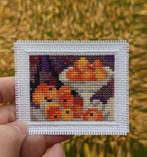 Mini Masterpieces Cross Stitch, Cezanne Apples, Apples And Oranges, Fine Art Cross Stitch, Mini Masterpieces, Miniature Needlepoint, Small Embroidery, Tiny Cross Stitch, Subversive Cross Stitch