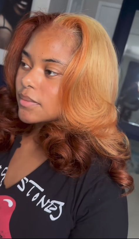 Orange Hair With Blonde Highlights Black Women, Fall Aesthetic Hair Color, Hair Color For Fall Black Women, Fall Color Silk Press Natural Hair, Ginger Blonde Highlights On Black Women, Honey Brown And Red Hair, Ginger And Chocolate Hair Black Women, Ginger Hair With Blonde Money Piece Black Women, Honey Brown Red Hair