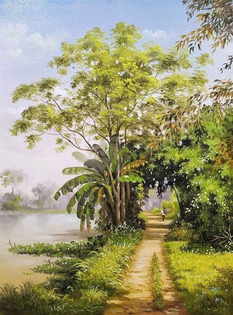 Lukisan Pokok, Drawing Scenery, Countryside Paintings, Art Village, Beautiful Art Paintings, Scenery Paintings, Female Art Painting, Landscape Art Painting, Watercolor Landscape Paintings