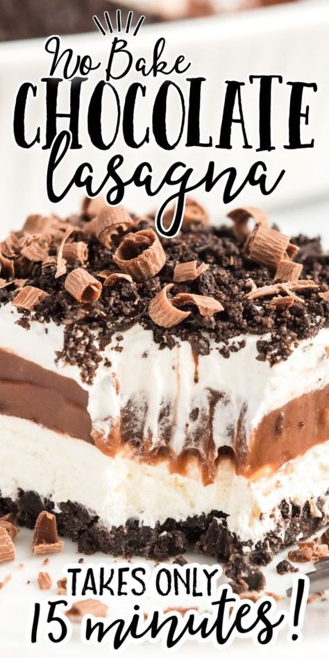 This cool, creamy chocolate lasagna recipe is the ultimate homemade dessert -- sweet and delicious, you'll be in love! The chocolate Oreo cookie crust creates the perfect base for the sweet layers of delicious pudding, cream cheese, and Cool Whip that come next. No Bake Chocolate Lasagna Recipe, Easy Chocolate Lasagna, No Bake Chocolate Lasagna, Cool Whip Pudding, Chocolate Lasagna Dessert, Easy Lasagna Recipe With Ricotta, Cinnamon Treats, Cheese Lasagna Recipe, Chocolate Lasagna Recipe