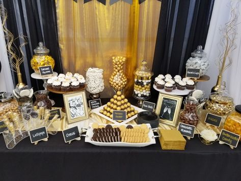 Dessert Table Ideas Black And Gold, Desert Table Ideas Birthday Black And Gold, 50th Birthday Party Dessert Table Ideas, 50th Birthday Sweet Table Ideas, 50th Birthday Snack Table, Black And Gold Party Dessert Table, Black And Gold Candy Bar, Gold And Black Sweets Table, Black And Gold Snack Table