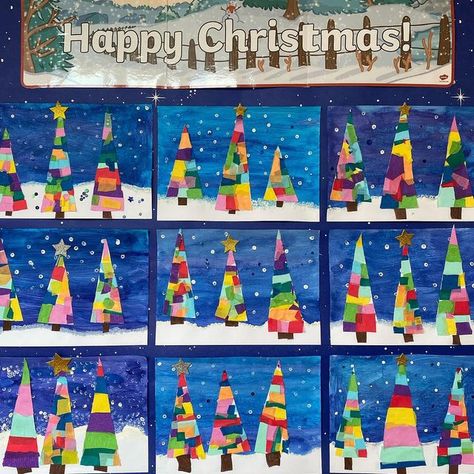 Múinteoir Clara on Instagram: "⭐️🎄Oh Christmas Tree🎄⭐️ . . . Our gorgeous art lesson from today! 🤩 3rd Class made winter wonderland trees!!! 🎄🤩 ABSOLUTELY LOVE THEM! Came across this idea on Pinterest and saved it! We gave it a go today! ⭐️ 🎄Step One: We painted our winter wonderland backgrounds. We used cotton buds to create snow 🤍 🎄Step 2: We cut our trees and added lots of colourful tissue paper to them! This can take a while!!! Just letting y’all know in advance! 🤣 🎄 Step 3: We ad Christmas Tree Art Kindergarten, Ks2 Christmas Art, One Day Christmas Art Projects, Grade 1 Christmas Art, Winter Tree Art For Kids, Christmas Tree Art Projects For Kids, Tissue Paper Christmas Trees, Toddler Christmas Cards, Winter Wonderland Trees