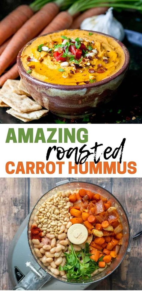 Roasted Carrot Hummus, Carrot Hummus, Vegan Apps, White Bean Hummus, Vegan Dips, Bean Hummus, Hummus Recipe Homemade, Roasted Carrot, Healthy Dips