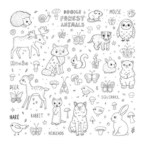 Vector cute doodle forest animals cartoo... | Premium Vector #Freepik #vector #animal-doodle #baby-fox #cute-fox #cute-doodle Doodle Forest, Doodles Bonitos, Moose Deer, Animals Cartoon, Character Letters, Cute Doodle, Doodle Icon, Editorial Illustration, Forest Animals