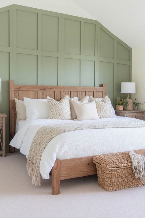 Get the perfect sage green farmhouse look in your bedroom using these quick tips and tricks. Green And Neutral Bedroom, Sage Green Farmhouse Bedroom, Green Farmhouse Bedroom, Sage Green Farmhouse, Ivory Bedroom, Herringbone Headboard, Panelling Ideas, Green Farmhouse, Sf Apartment