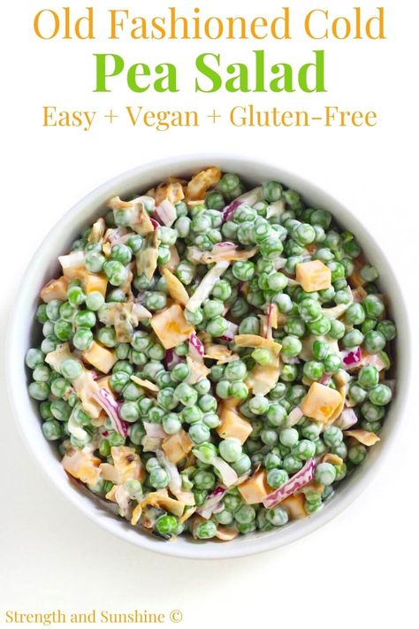 Old-Fashioned Pea Salad (Vegan, Gluten-Free) | Strength and Sunshine | This classic Old-Fashioned Pea Salad is the perfect cold and creamy potluck salad for every occasion! Vegan and gluten-free, this easy English pea salad uses eggless mayo, dairy-free cheddar, and smokey coconut bacon. A simple and quick allergy-friendly version of your grandma's go-to Southern holiday or cookout side dish! Pea Salad Vegan, Cold Pea Salad, Eggless Mayo, English Pea Salad, Dairy Free Breakfast Recipes, Potluck Salad, Cookout Side Dishes, Coconut Bacon, Gluten Free Salads