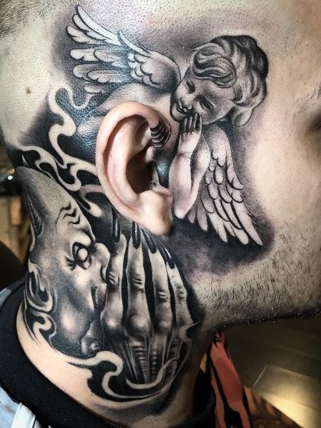 Small Angel Tattoo, Hals Tattoo Mann, Full Neck Tattoos, Best Neck Tattoos, Girl Neck Tattoos, Side Neck Tattoo, Evil Tattoos, Neck Tattoo For Guys, Neck Tattoos