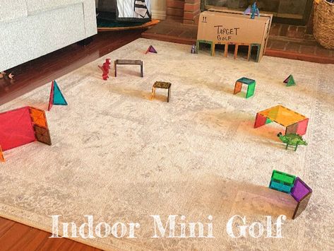 Family Fun: DIY Indoor Mini Golf Mini Golf Course Diy, Backyard Mini Golf, Indoor Putt Putt, Target Golf, Indoor Mini Golf, Amazon Boxes, Golf Diy, Mini Golf Course, Kids Golf