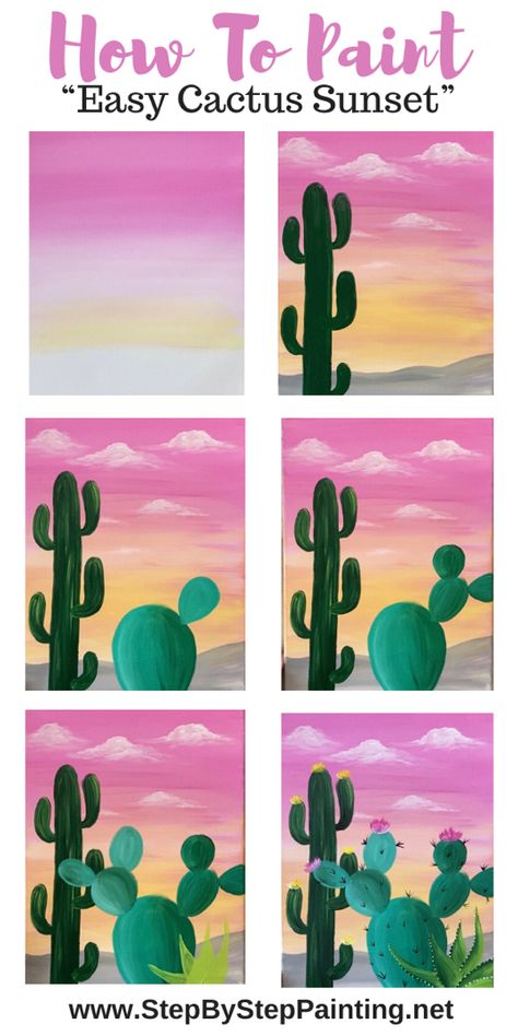 Foreground Art, Easy Desert, Cactus Painting, Canvas Painting Tutorials, Simple Canvas Paintings, Easy Canvas Art, Desert Painting, Desert Sunset, Seni Cat Air