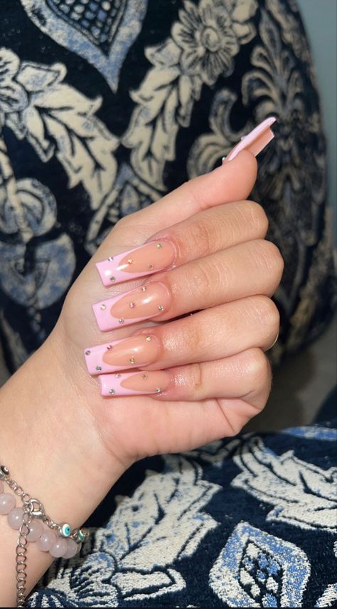 Pink French Tip Nails Square With Gems, Pink French Tip Nails With Gems, Yk2 Nails, Aesthetic Nails Acrylic, Gemstone Nails, Pink French Nails, Art Guide, French Pink, Aesthetic Nails