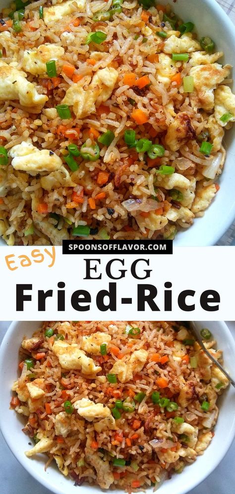 Two images showing egg fried rice in a white bowl. Fried Rice Recipe Egg, Easy Egg Fried Rice, Fried Rice Chinese, Vegetable Bake Recipes, Vegetarian Fried Rice, Veggie Fried Rice, Fried Rice With Egg, Indian Rice Recipes, Egg Fried Rice