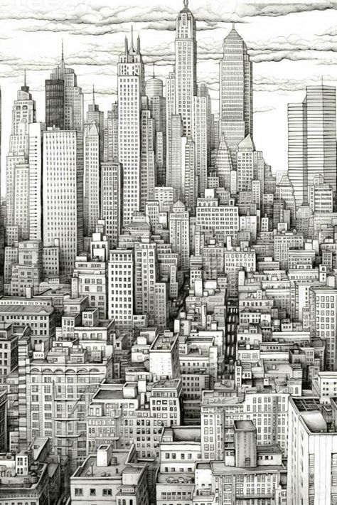 a drawing of a city with tall buildings and a sky line. generative ai. Building Line Drawing, City Line Drawing, Drawing Of A City, Sky Line, Vector Technology, Tall Buildings, Line Drawings, A Sky, City Buildings