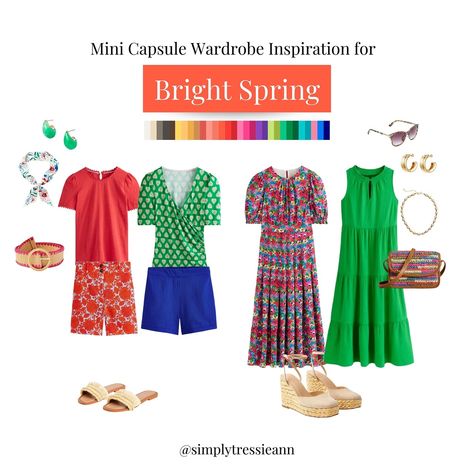 Bright Spring color palette mini capsule wardrobe inspiration Bright Spring Office Wardrobe, Bright Spring Color Palette Outfit, Bright Spring Outfits, Bright Spring Color Palette, Bright Spring Clothes, Mini Capsule Wardrobe, Capsule Wardrobe Inspiration, Clear Spring, Office Wardrobe