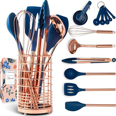 Blue And Grey Kitchen Decor, Navy Blue Kitchen Decor, Rose Gold Kitchen Accessories, Blue Kitchen Utensils, Gold Kitchen Utensils, Blue Kitchen Accessories, Gold Utensils, Copper And Blue, Gold Kitchen Accessories