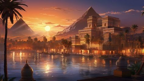 The Pharaohs Oasis City - graphiXperience Oasis City Fantasy Art, Fantasy Oasis City, Fantasy Oasis, Egyptian City, Magical Scenery, Calming Images, Fantasy City Map, Desert Oasis, Egypt Art