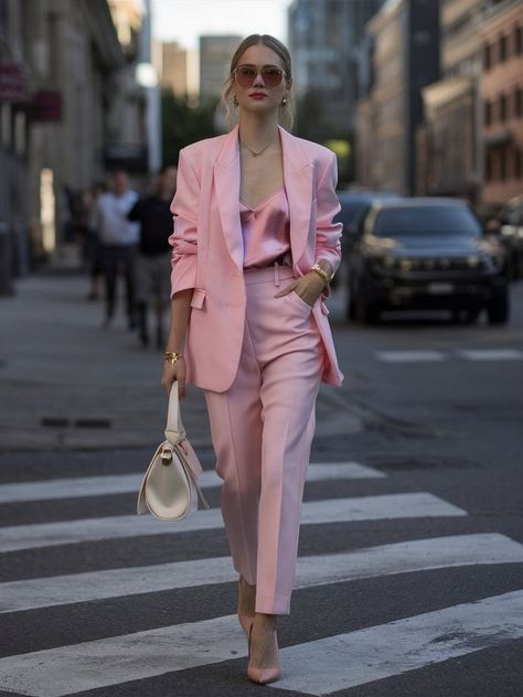 Pink Tweed Shorts Outfit, Pink Business Attire, Pink Heels Work Outfit, Something Pink Outfit, Pink Corduroy Blazer Outfit, How To Style Pink Heels, Dusty Pink Outfit Ideas, Pink Outfits For Work, Cool Pink Outfits