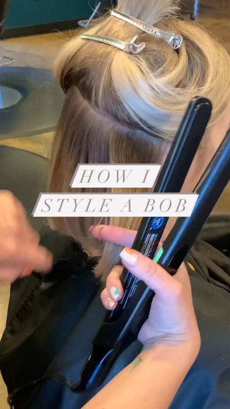 styled_by_carolynn on Instagram: How I style a soft finished bob. Super easy 💁🏼‍♀️ you will need- -Flat Iron -1 1/4 curling iron - @moroccanoilpro Dry Texture Spray… Flat Iron Short Hair, Wavy Hair With Straightener, Dry Texture Spray, Curled Bob, Short Hair Waves, Texture Spray, Flat Iron Curls, Beach Wave Hair, Corte Bob