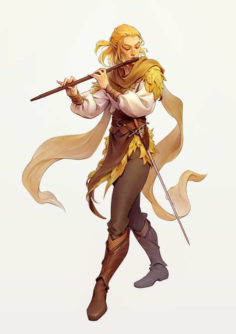 Sun Elf Female Dnd, Summer Eladrin Dnd, Fantasy Bard Art, Half Elf Bard Female, Autumn Eladrin Male, Male Bard Character Art, Dnd Bard Female, Bladesinger Dnd, High Elf Bard