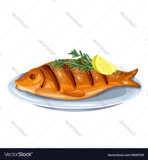 Fish On A Plate Drawing, Plate Drawing, Food Sketch, Fish Plate, Fish Illustration, Fish And Meat, Grilled Fish, Fish Drawings, Baked Fish