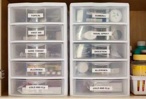 40 Small Space Home Organization Ideas From Dollar Store Medication Organization Storage, Organiser Son Dressing, Bathroom Linen Closet, Diy Medicine, Remodeling Trends, Medicine Cabinet Organization, Organizing Linens, Medication Organization, Medicine Organization