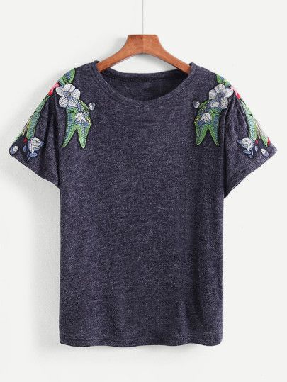 Floral Patched Shoulder Tee -SheIn(Sheinside) Patch Tshirt, Knit Poncho Sweater, Wild Night, Floral Patches, Floral Embroidered Top, Clothing Websites, Knitted Poncho, Women T Shirts, Embroidered Tshirt