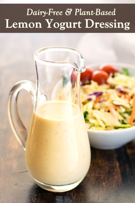 Dairy-Free Lemon Yogurt Salad Dressing Recipe - optionally vegan, paleo, and allergy-friendly. Light and creamy, great with fresh salads. Vegan Blue Cheese Dressing, Yogurt Salad Dressing, Dairy Free Dips, Yogurt Salad, Dairy Free Salads, Go Dairy Free, Vegan Dressing, Quick Salads, Spicy Brown Mustard